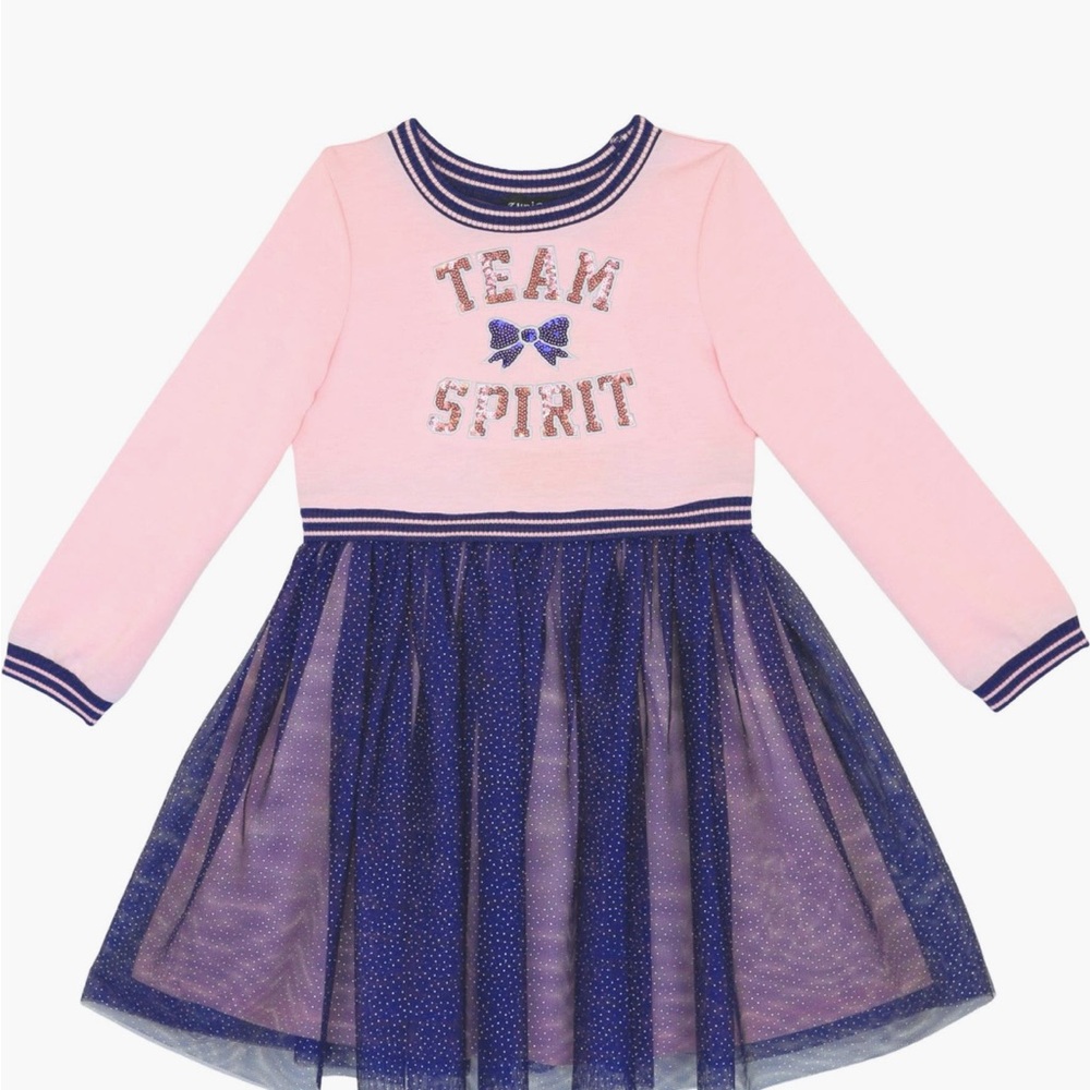 Zunie French Terry Sequin Team Spirit Pink and Blue Long Sleeve Dress